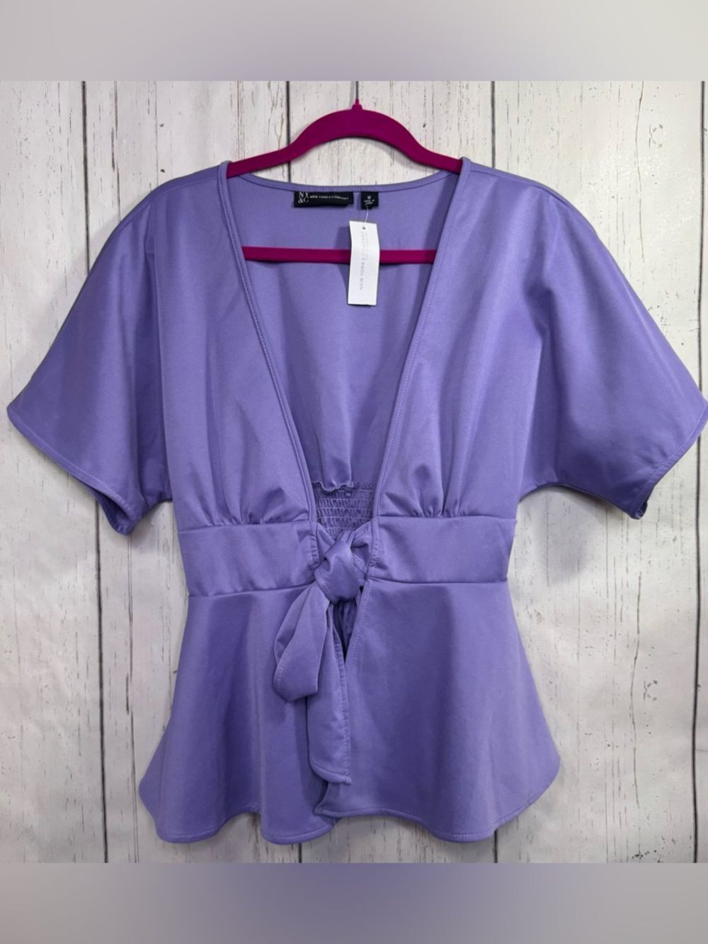 New York & Company Lavender Tie Front Peplum Blouse Cottagecore Balletcore Soft